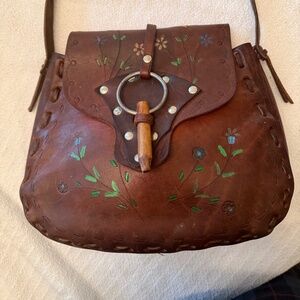 Genuine Vintage 70s Hand Tooled Painted Mexican Leather Purse Festival Boho